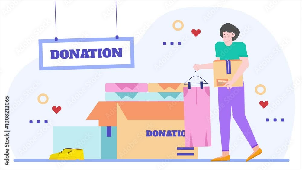 a person donating clothes and items in boxes illustration animated video a person donating clothes and items in boxes illustration animated video