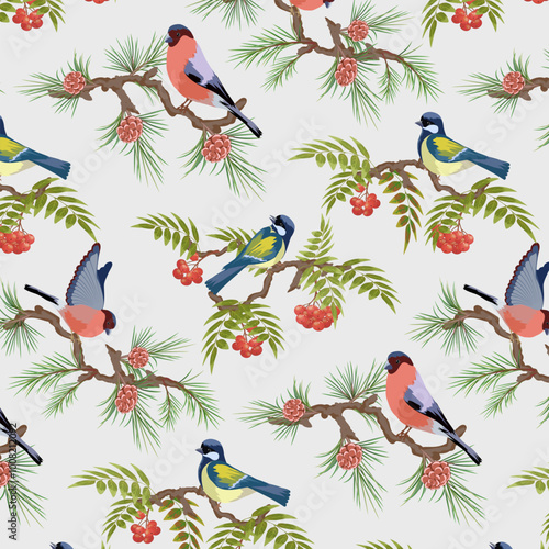 Pattern with birds on branches.Vector seamless pattern with birds on tree branches.