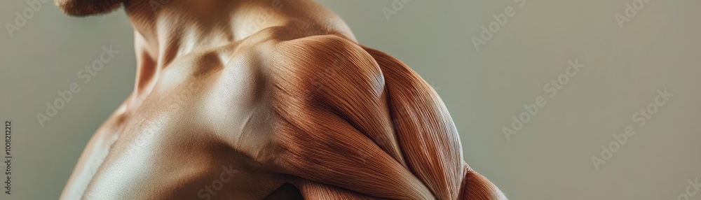 Fototapeta premium Close-up of a muscular shoulder showcasing strength and fitness in a dramatic lighting setting.