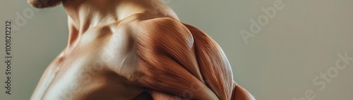 Close-up of a muscular shoulder showcasing strength and fitness in a dramatic lighting setting.