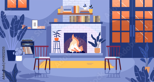 Cozy living room fireplace interior design with plants chairs bookshelves and large windows warm ambiance evening setting home decor