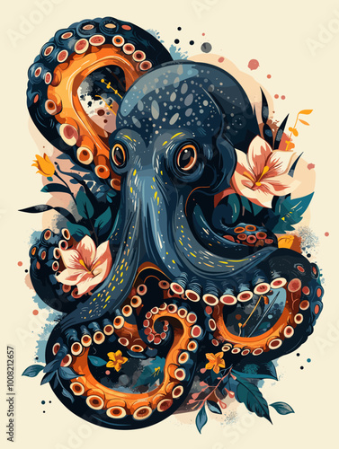 A colorful octopus with flowers and leaves surrounding it. The octopus is the main focus of the image, and the flowers and leaves add a sense of nature and beauty to the scene
