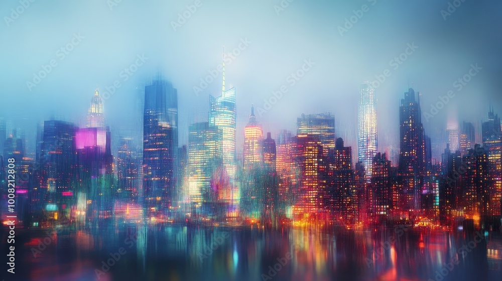 Obraz premium A Blurry Nightscape of a City Skyline with Reflected Lights
