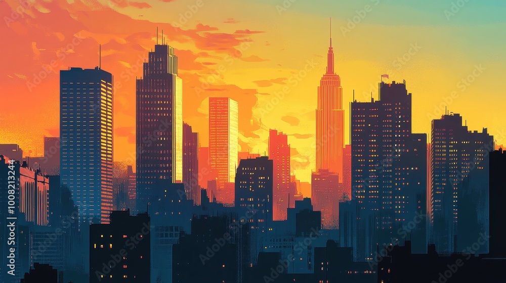 Fototapeta premium Silhouette of a City Skyline with a Golden Sunset