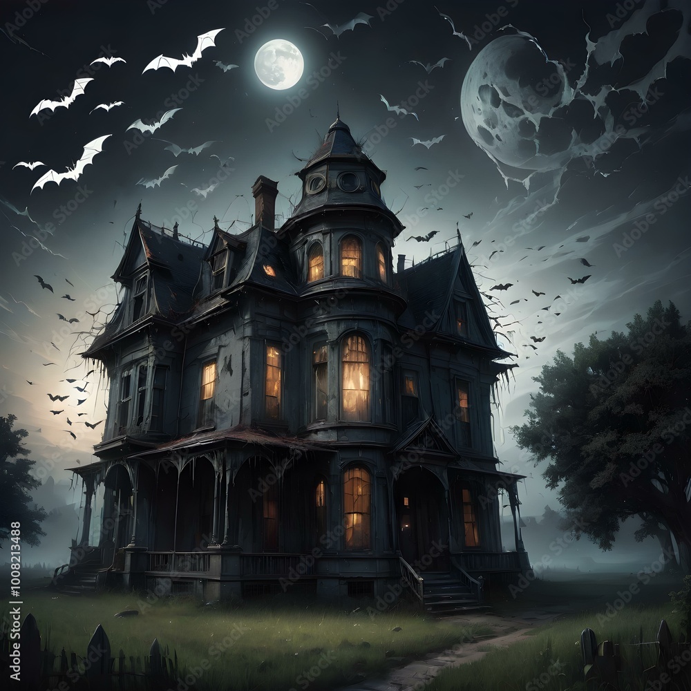 A decrepit, old haunted house with broken windows and cobwebs, bathed in pale moonlight, with bats flying overhead
A decrepit, old haunted house with broken windows and cobwebs, bathed in pale moonlight, with bats flying overhead
