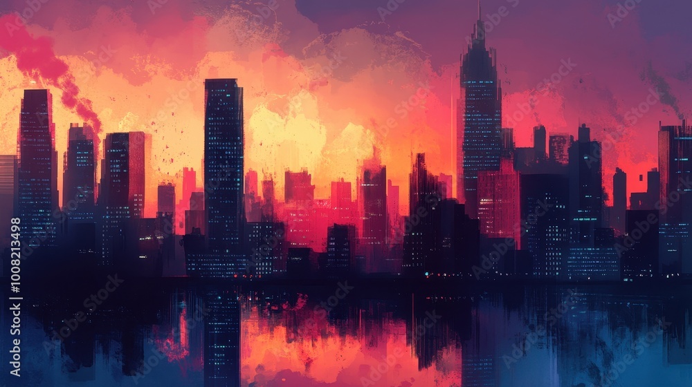 Obraz premium A Silhouetted City Skyline Reflected in Water at Sunset