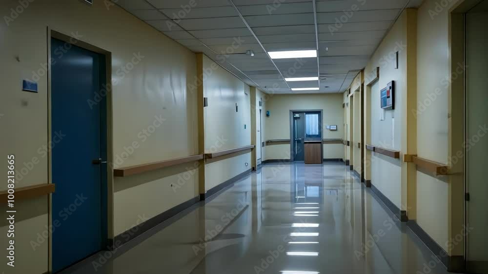 A view of a hospital hallway featuring blue doors, clean surfaces, and overhead lighting, conveying a sterile and organized environment A view of a hospital hallway featuring blue doors, clean surfaces, and overhead lighting, conveying a sterile and organized environment