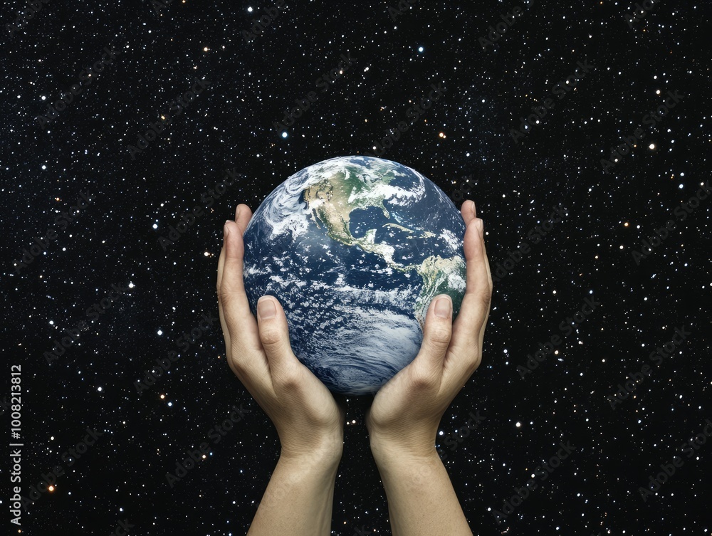 Hands Holding Earth Under Starlit Sky Representing Global Energy Conservation and Sustainability Hands Holding Earth Under Starlit Sky Representing Global Energy Conservation and Sustainability