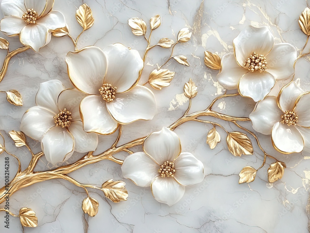 Elegant White and Gold Blossoms with Twisting Branches on Luxurious Marble - Perfect for a Stylish Sports Interior Poster Elegant White and Gold Blossoms with Twisting Branches on Luxurious Marble - Perfect for a Stylish Sports Interior Poster