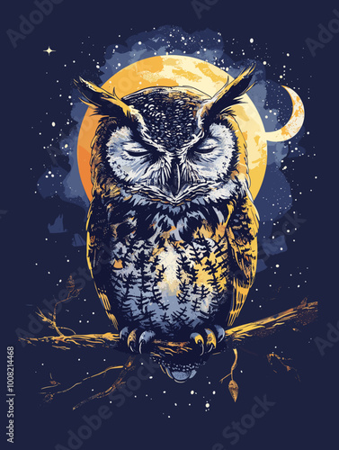 A painting of an owl sitting on a branch in the night sky. The owl is looking to the left and he is sleeping. The painting has a calm and peaceful mood, with the owl being the main focus of the image
