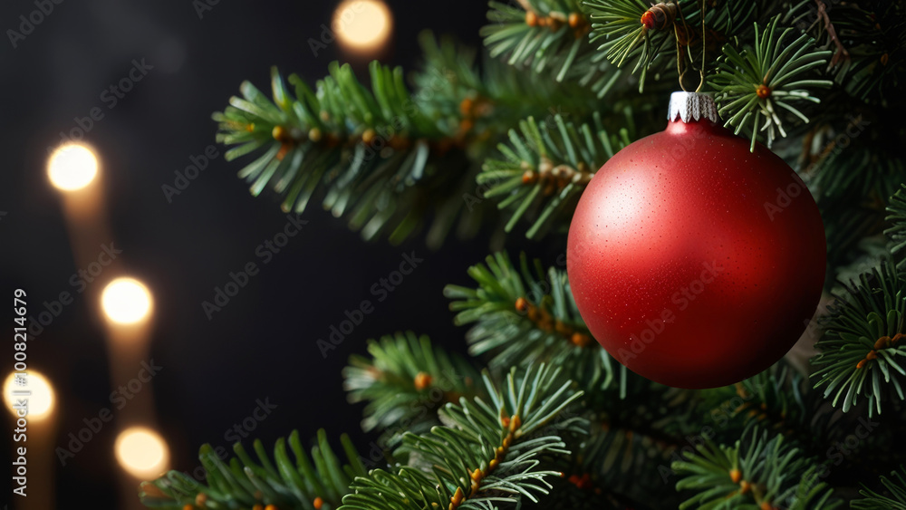 Close-up of red Christmas ball hanging on tree branch with blurred festive lights Close-up of red Christmas ball hanging on tree branch with blurred festive lights
