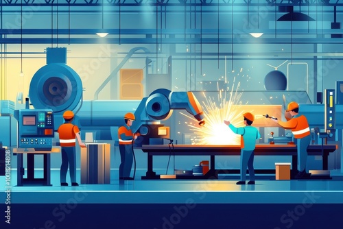 illustration of a  team of welders working together on a large industrial project. theme of teamwork and collaboration  photo