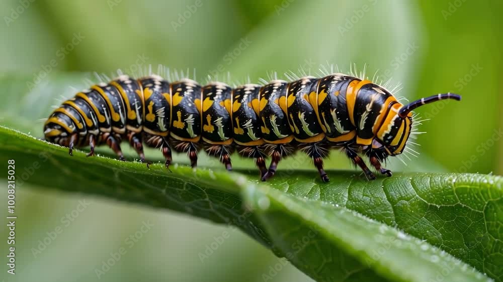 A detailed close up of a vibrant caterpillar crawling on a green leaf, showcasing nature's transformation and beauty through macro cinematography A detailed close up of a vibrant caterpillar crawling on a green leaf, showcasing nature's transformation and beauty through macro cinematography