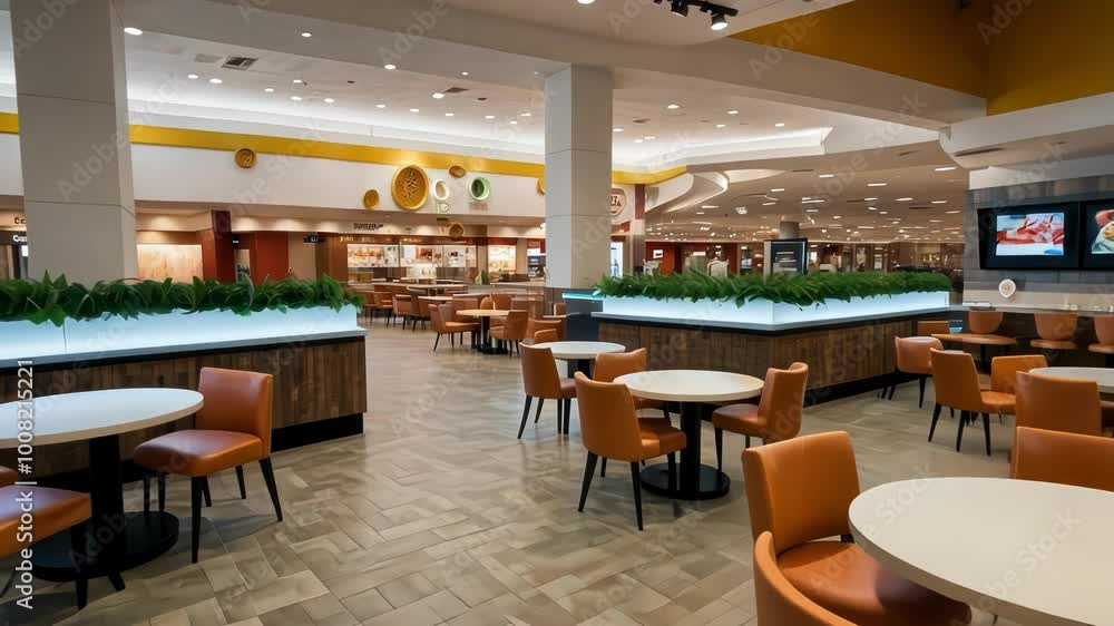 A spacious and modern restaurant interior with empty tables and inviting decor, suggesting a casual dining atmosphere A spacious and modern restaurant interior with empty tables and inviting decor, suggesting a casual dining atmosphere