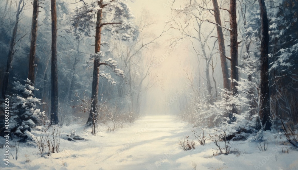 Naklejka premium A snowy forest path leads into the distance, with sunlight filtering through the bare branches of the trees.