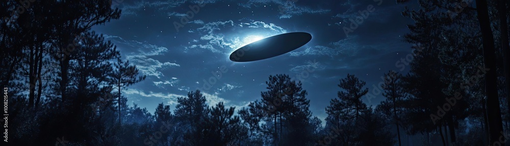 A mysterious UFO hovers over a dense forest under a night sky, illuminating the scene with an ethereal glow. A mysterious UFO hovers over a dense forest under a night sky, illuminating the scene with an ethereal glow.