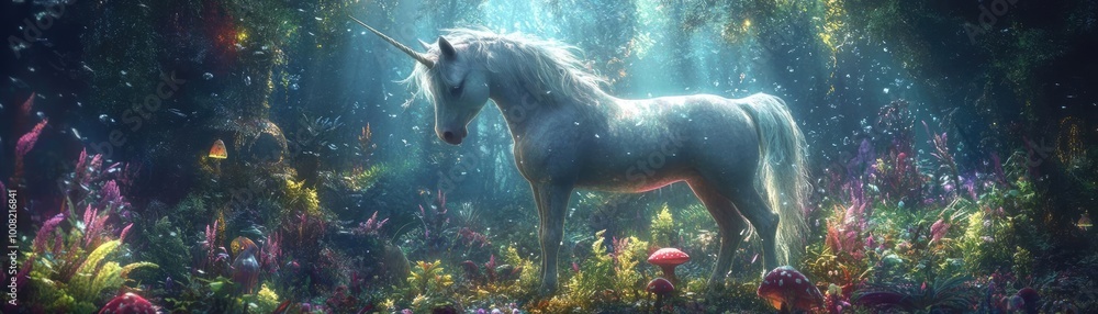A serene unicorn stands amidst vibrant flowers in an enchanting forest, illuminated by soft, magical light. A serene unicorn stands amidst vibrant flowers in an enchanting forest, illuminated by soft, magical light.