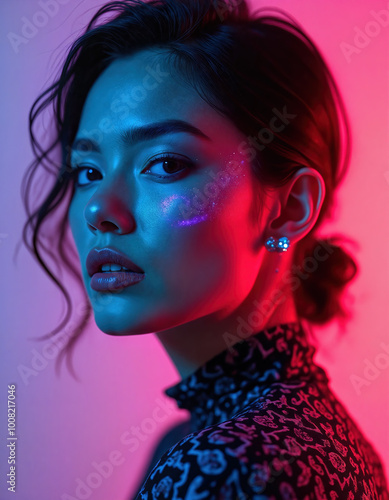 Beautiful woman in neon light. Created with AI. High quality upscale and postproduction.