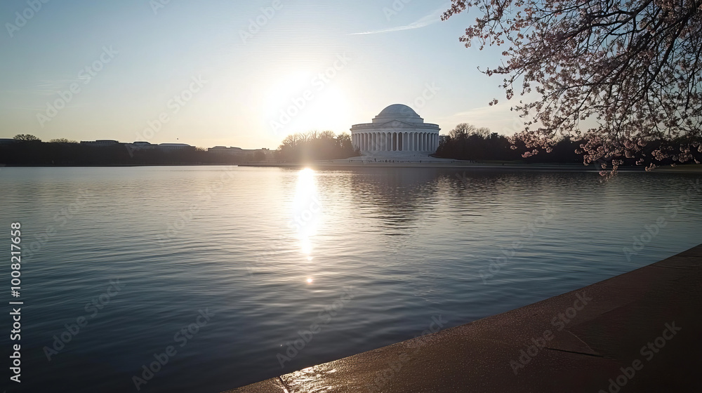 The sun rises, casting light on the Jefferson Memorial and Tidal Basin in Washington, D.C. Beautiful pink cherry blossoms bloom around the monument during the city's famous cherry blossom festival. The sun rises, casting light on the Jefferson Memorial and Tidal Basin in Washington, D.C. Beautiful pink cherry blossoms bloom around the monument during the city's famous cherry blossom festival.