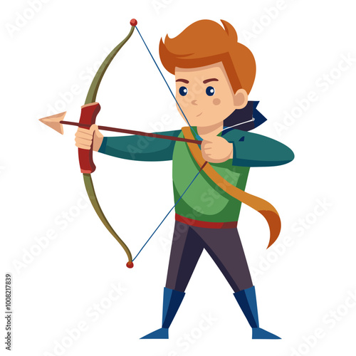 Archer Boy: A cartoon illustration of a determined young archer with a bow and arrow, ready to aim and shoot. The vibrant colors and playful style make it perfect for children's books, games.