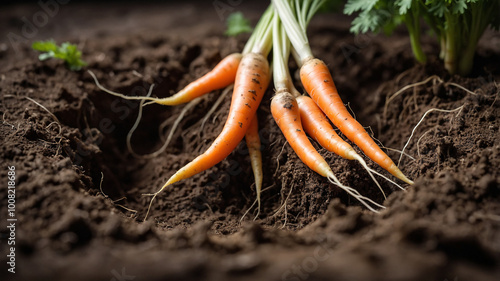 Wallpaper Mural Freshly harvested carrots with vibrant green tops displayed in a row and partially embedded in soil bed. Torontodigital.ca