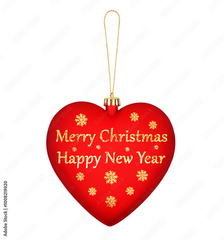 Christmas ball red heart, Merry Christmas, Happy New Year text, golden decoration, snowflakes pattern white background isolated, winter holidays, xmas celebration, greeting card, festive bauble, love Christmas ball red heart, Merry Christmas, Happy New Year text, golden decoration, snowflakes pattern white background isolated, winter holidays, xmas celebration, greeting card, festive bauble, love