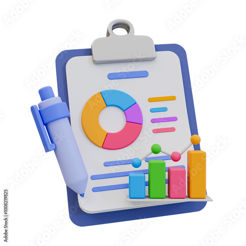 3D illustration of a clipboard displaying colorful pie and bar charts, symbolizing data analysis, business reports, and performance metrics.