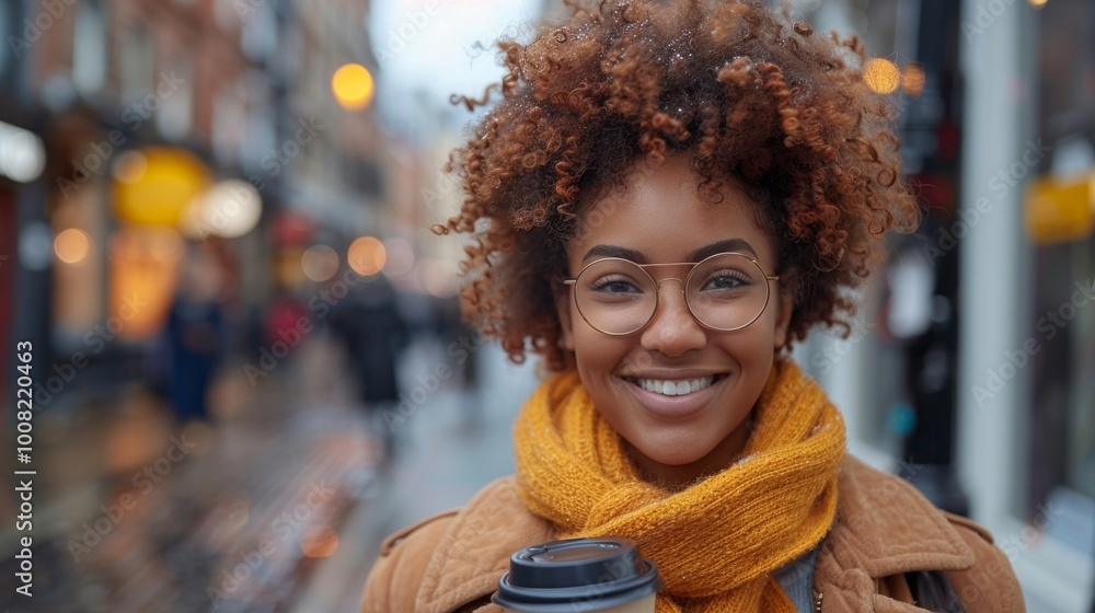 business, drinks, lifestyle and people concept - close up of young smiling african american businesswoman with coffee cup walking downstairs to city subway business, drinks, lifestyle and people concept - close up of young smiling african american businesswoman with coffee cup walking downstairs to city subway