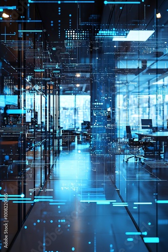 Modern office backdrop blurred with overlays of dynamic big data analytics.