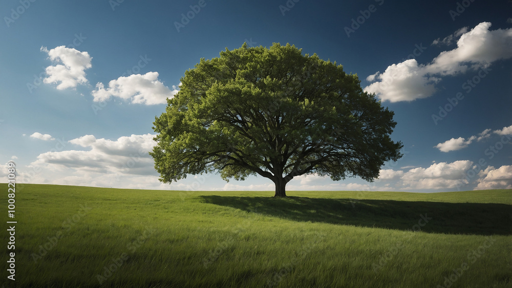 A solitary tree stands atop a hill under a bright blue sky with scattered clouds in a lush green field. A solitary tree stands atop a hill under a bright blue sky with scattered clouds in a lush green field.
