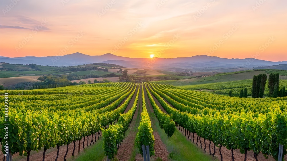 Fototapeta premium Lush Vineyard with Rolling Hills and Sunset Glow for Wine Tour Experience