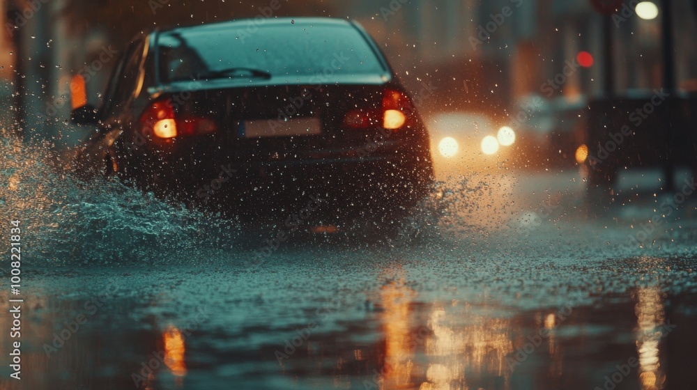 Rain falls heavily on the city streets. Close up, you see a car driving through puddles, splashing water everywhere. Rain falls heavily on the city streets. Close up, you see a car driving through puddles, splashing water everywhere.