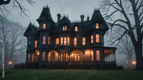 A spooky Victorian-style mansion with flickering lights in the windows, surrounded by dead trees and mist creeping across the lawn 