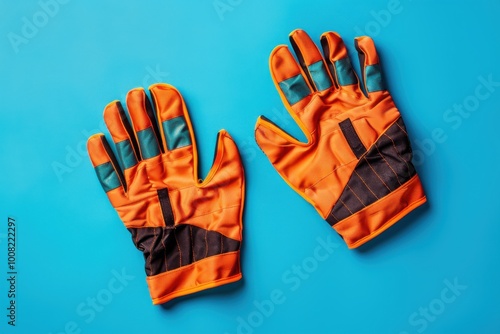 Bright orange goalkeeper gloves resting on a vibrant blue surface, showcasing grip and design detail, ready for an exciting match photo