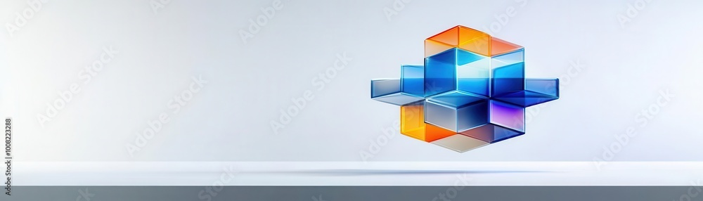 A floating digital cube sculpture with layers of shifting holographic designs, in a sleek gallery space, Minimalist, Clean lines A floating digital cube sculpture with layers of shifting holographic designs, in a sleek gallery space, Minimalist, Clean lines