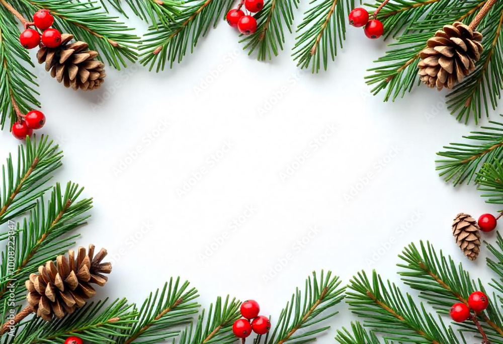 Pine branches with pine cones, red berries, and other winter foliage elements arranged in a frame around a white background Pine branches with pine cones, red berries, and other winter foliage elements arranged in a frame around a white background
