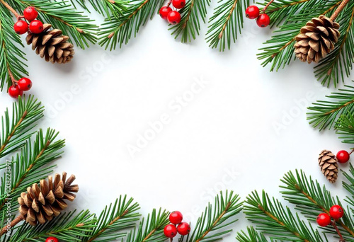 Pine branches with pine cones, red berries, and other winter foliage elements arranged in a frame around a white background