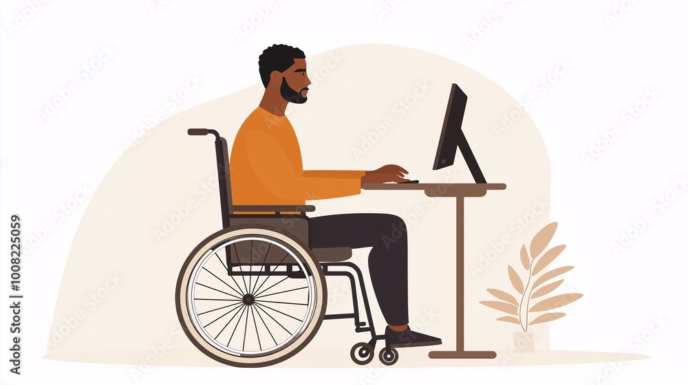 Man in Wheelchair Working at Computer Desk Man in Wheelchair Working at Computer Desk