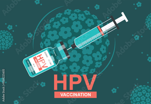 HPV -Human papilloma virus vaccine illustration with a syringe and papiloma virus on background