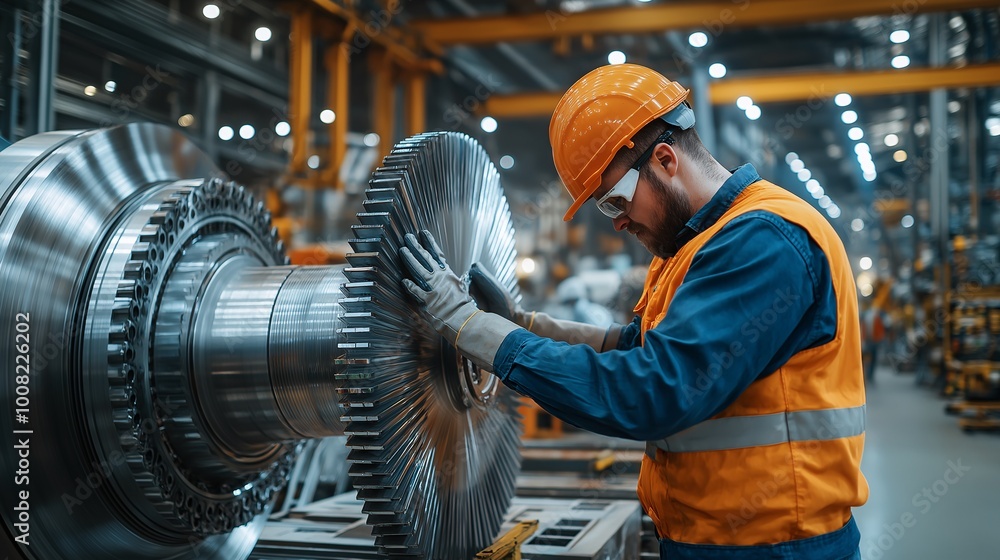 Worker Inspecting Large Metal Gear in Factory Setting Worker Inspecting Large Metal Gear in Factory Setting