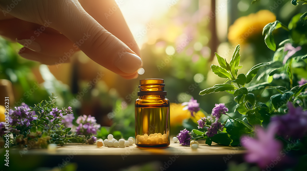 A close-up view of a hand gently selecting tiny homeopathic pills from a glass vial, surrounded by fresh herbs, flowers, in a cozy. A close-up view of a hand gently selecting tiny homeopathic pills from a glass vial, surrounded by fresh herbs, flowers, in a cozy.