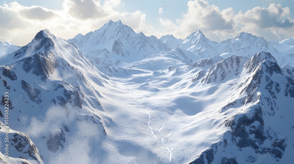 Snow-covered mountain landscape with a glacier and dramatic peaks. Snow-covered mountain landscape with a glacier and dramatic peaks.