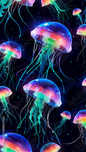 Moonlit Jellyfish Glowing in Multicolored Lights – Stunning Visual Against Dark Backdrop