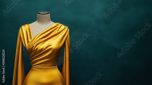 Elegant Golden Dress on a Mannequin Against Dark Background