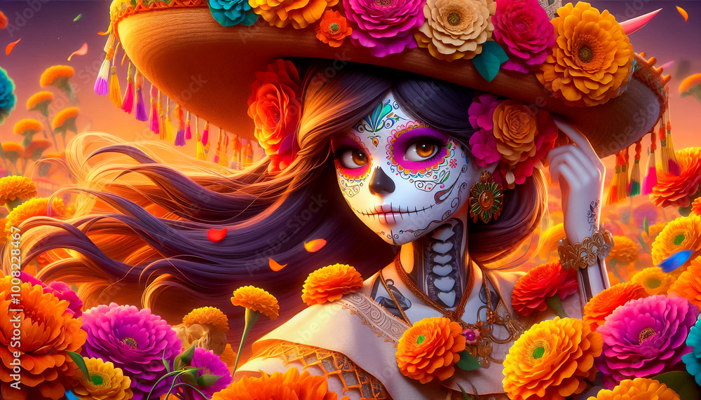 Fototapeta premium Mujer maquillada como calaverita de día de muertos con ropa de mariachi