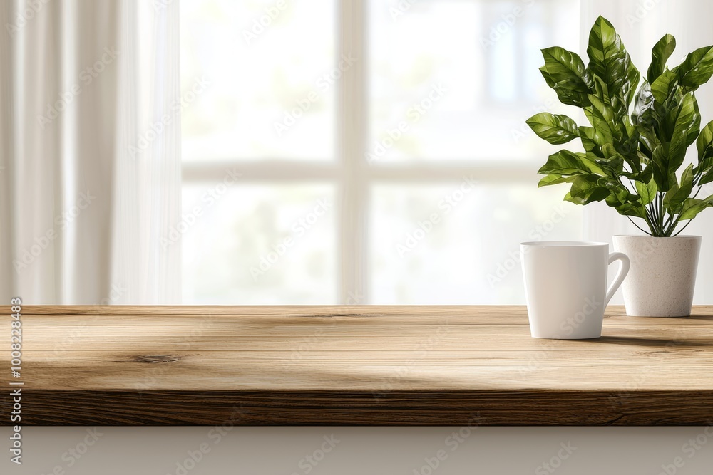 Empty wooden countertop in a modern kitchen, blurred background with sunlight and plants, minimalist home interior concept Empty wooden countertop in a modern kitchen, blurred background with sunlight and plants, minimalist home interior concept