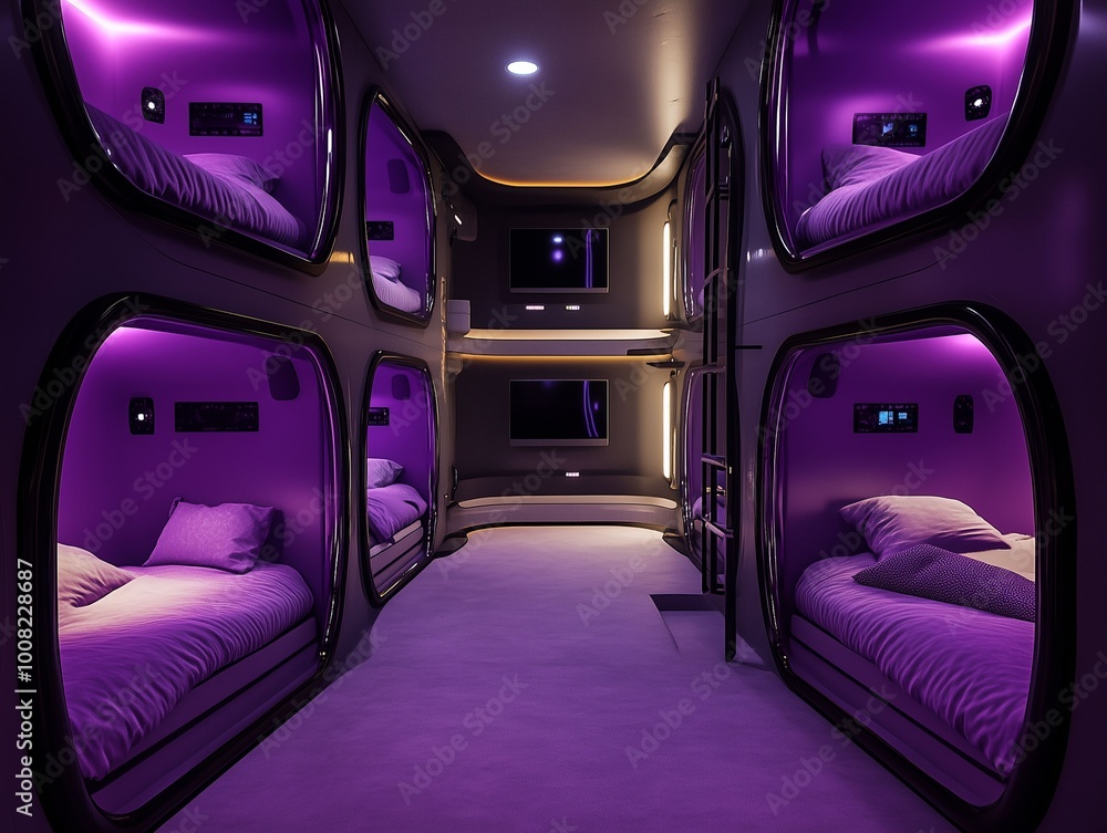 Loft-style capsule hotel, selective focus Loft-style capsule hotel, selective focus
