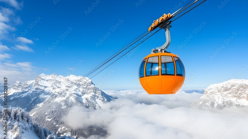 Majestic Snow Capped Mountain Peaks Framed by Cable Car Ride During Winter Majestic Snow Capped Mountain Peaks Framed by Cable Car Ride During Winter