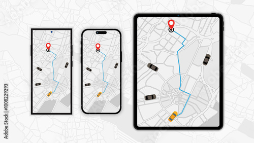 Smart Device GPS Navigation: Car Route Mapping, Distance Tracking, and Vector Illustrations for Easy Travel. Vector. photo