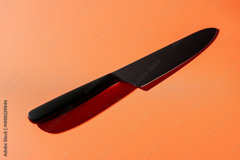 Knife with a polished blade and black handle placed on an orange surface, modern kitchen tool design with bold color contrast Knife with a polished blade and black handle placed on an orange surface, modern kitchen tool design with bold color contrast